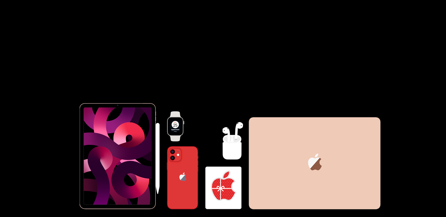 Various Apple spread. The image contain an iPad, an iPhone, an Apple Watch, a Macbook, an Airpods and an Apple Gift Card 